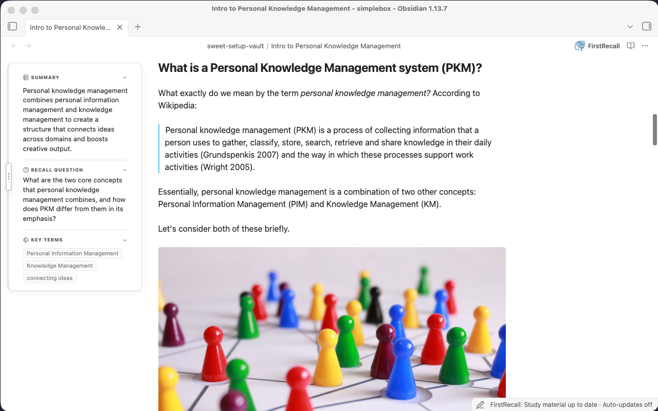 A personal knowledge management note with its summary, recall question, and key terms in a Cornell card to the left of the source.