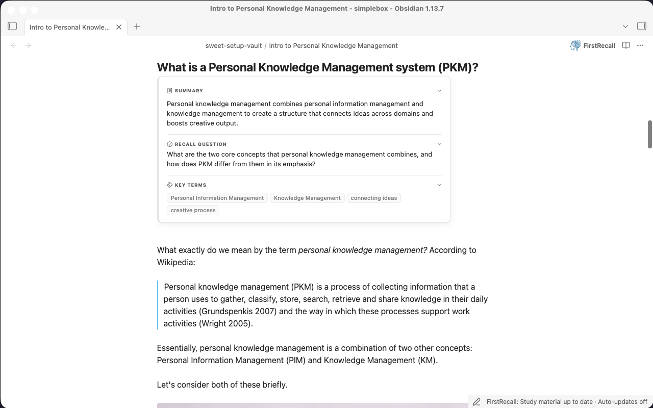 The same personal knowledge management note with its study card below the section heading, above the source text.