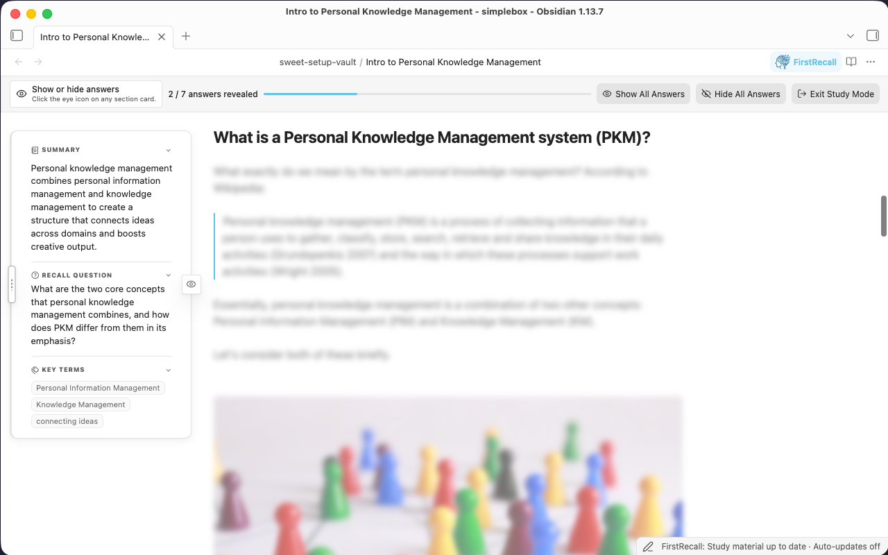Study Mode with a recall question visible in a Cornell card, the source text and image blurred, and answer-reveal controls in the toolbar.