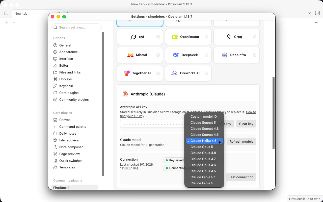 Anthropic settings with a masked API key and the model selection menu open.