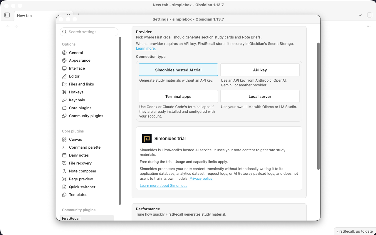 AI model settings with four connection types and Simonides hosted AI trial selected.