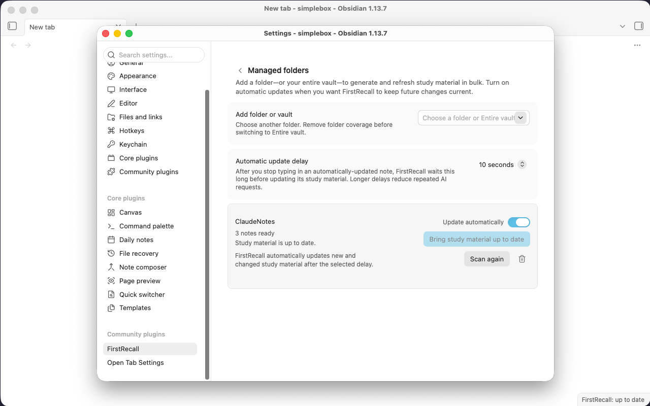 Managed folders settings with one folder, three notes ready, and Update automatically enabled.