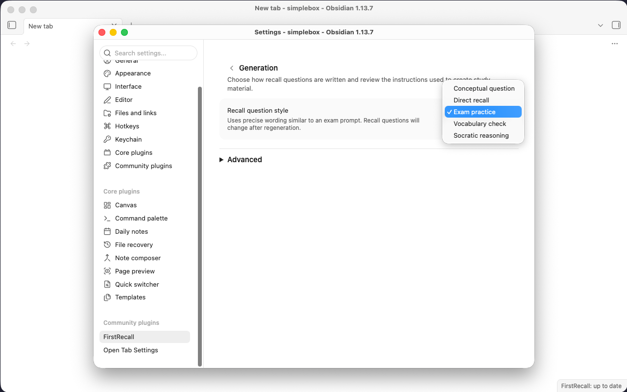 Generation settings with the five recall question styles listed and Exam practice selected.