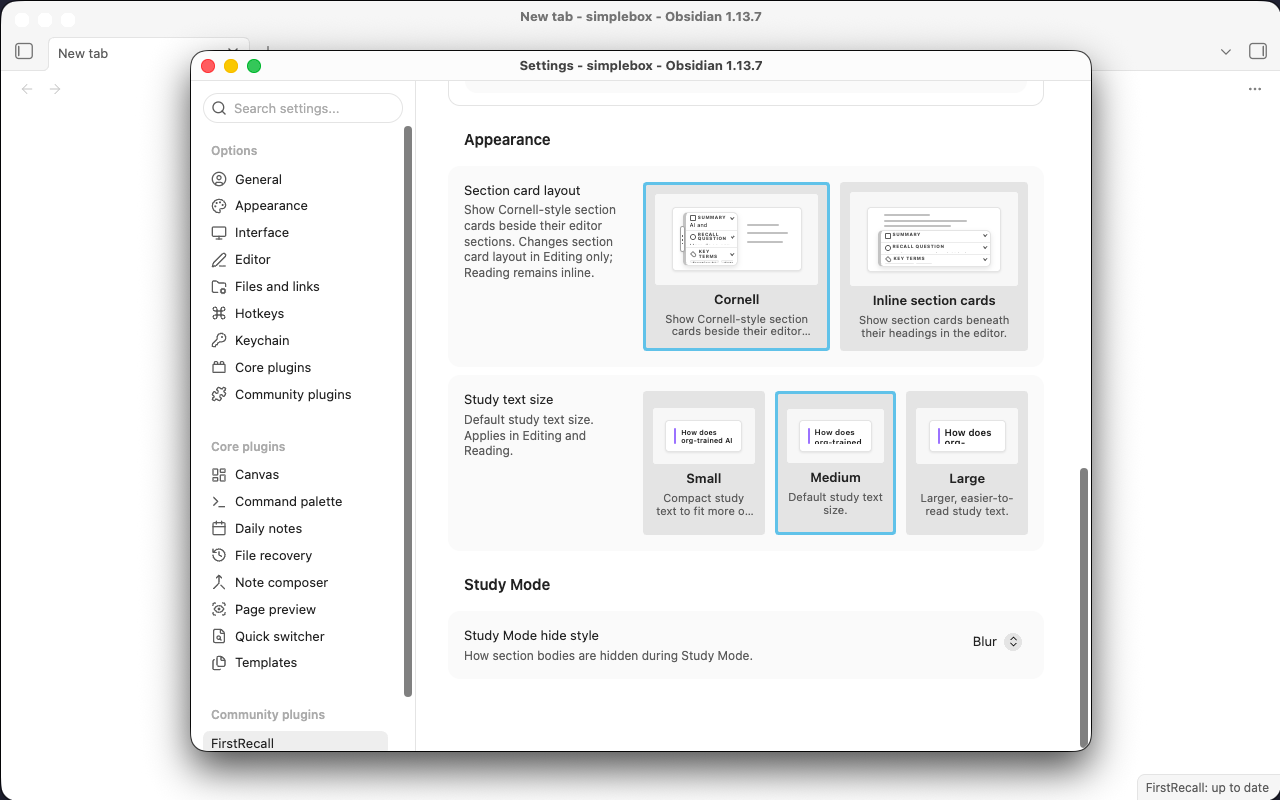 Appearance settings showing Cornell and Inline layouts, three study text sizes, and the Study Mode hide style.